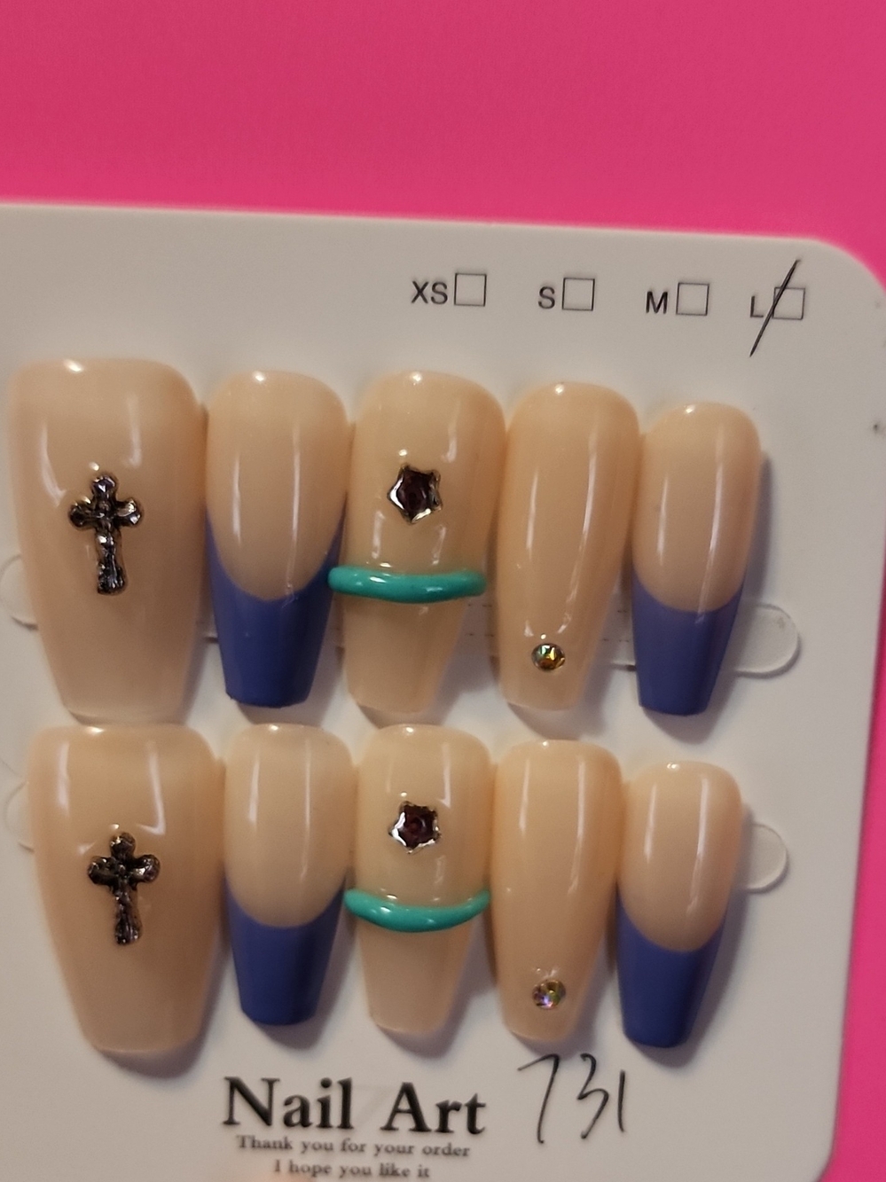 Press-On Nails Set with Beige Base and Blue French Tips